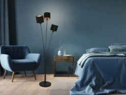 Stehleuchte TOMMY 3 flammig Metall, Stoffschirm Schwarz Gold, Höhe 150cm