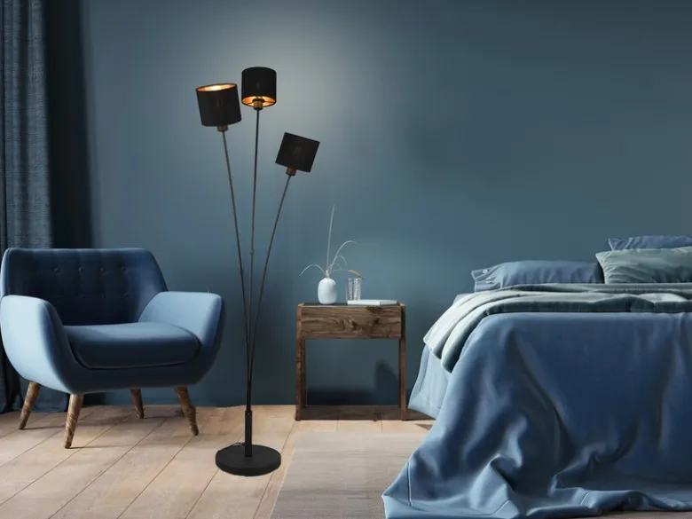 Stehleuchte TOMMY 3 flammig Metall, Stoffschirm Schwarz Gold, Höhe 150cm
