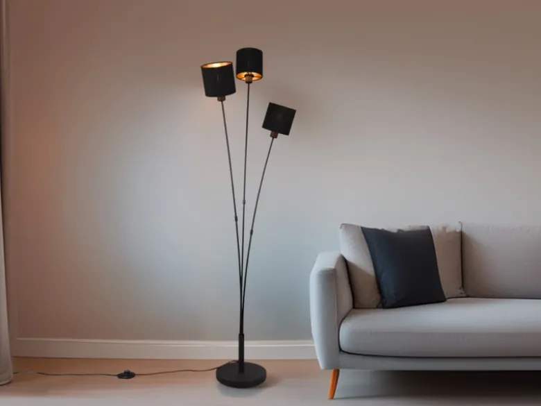 Stehleuchte TOMMY 3 flammig Metall, Stoffschirm Schwarz Gold, Höhe 150cm