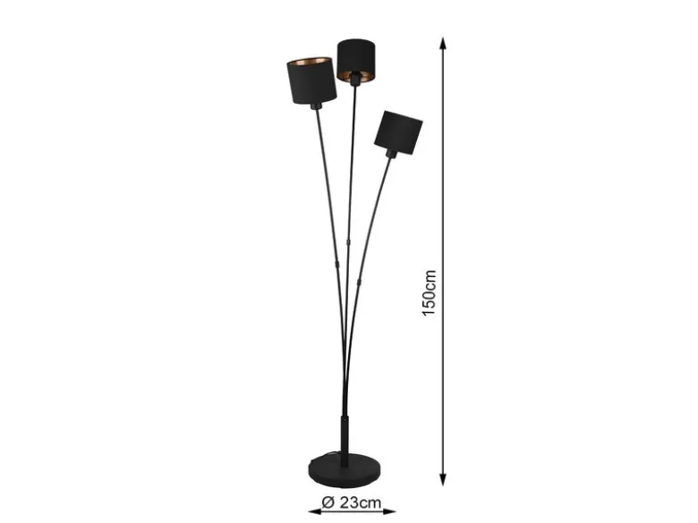 Stehleuchte TOMMY 3 flammig Metall, Stoffschirm Schwarz Gold, Höhe 150cm