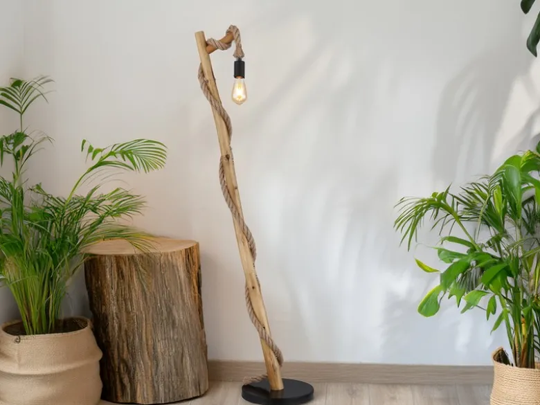 Stehleuchte ULLEU mit Hanfseil und Holzstab, Höhe 150cm