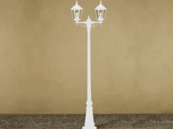 Straßenlaterne 2-flammig Aluminium Weiß, antike E27 Mastleuchte, Höhe 220cm