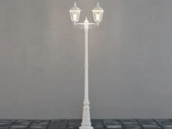 Straßenlaterne 2-flammig Aluminium Weiß, antike E27 Mastleuchte, Höhe 220cm