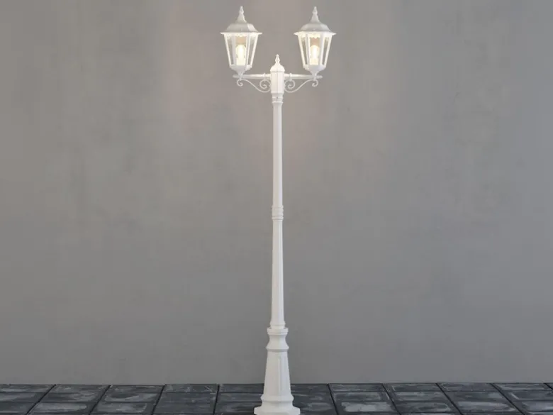 Straßenlaterne 2-flammig Aluminium Weiß, antike E27 Mastleuchte, Höhe 220cm
