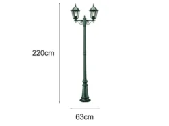 Straßenlaterne 2-flammig Aluminium Grün, antike E27 Mastleuchte, Höhe 220cm