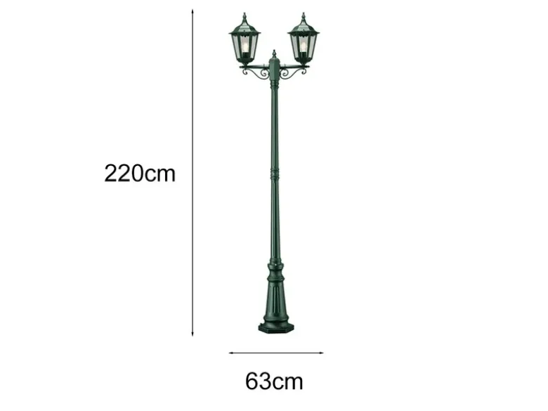Straßenlaterne 2-flammig Aluminium Grün, antike E27 Mastleuchte, Höhe 220cm