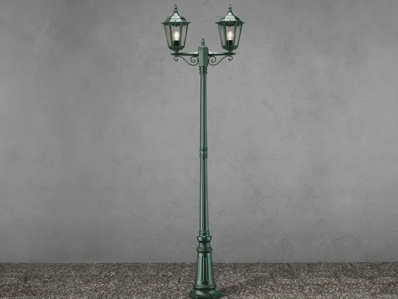 Straßenlaterne 2-flammig Aluminium Grün, antike E27 Mastleuchte, Höhe 220cm