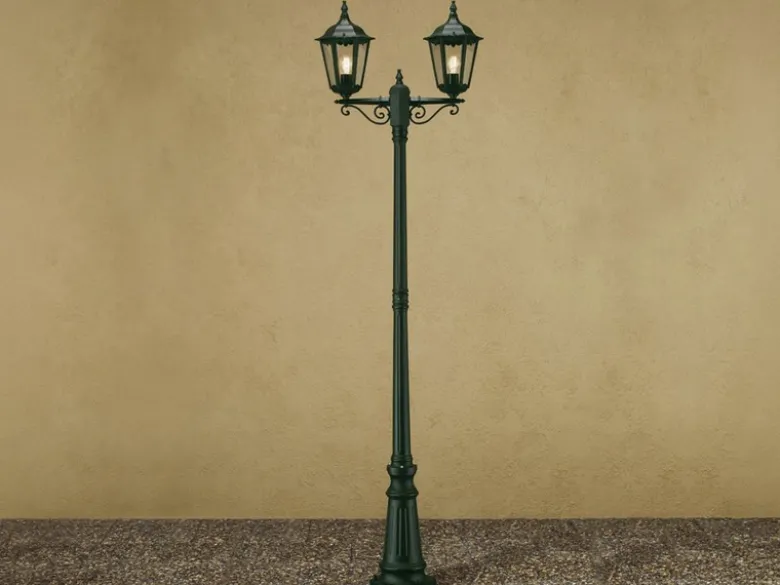 Straßenlaterne 2-flammig Aluminium Grün, antike E27 Mastleuchte, Höhe 220cm