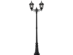 Straßenlaterne 2-flammig Aluminium Schwarz, antike E27 Mastleuchte, Höhe 220cm