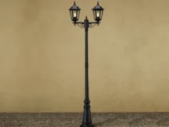 Straßenlaterne 2-flammig Aluminium Schwarz, antike E27 Mastleuchte, Höhe 220cm