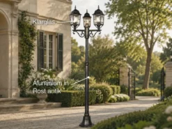Straßenlaterne 3-flammig Aluminium Rostoptik antik mit E27 LED, Höhe 200cm