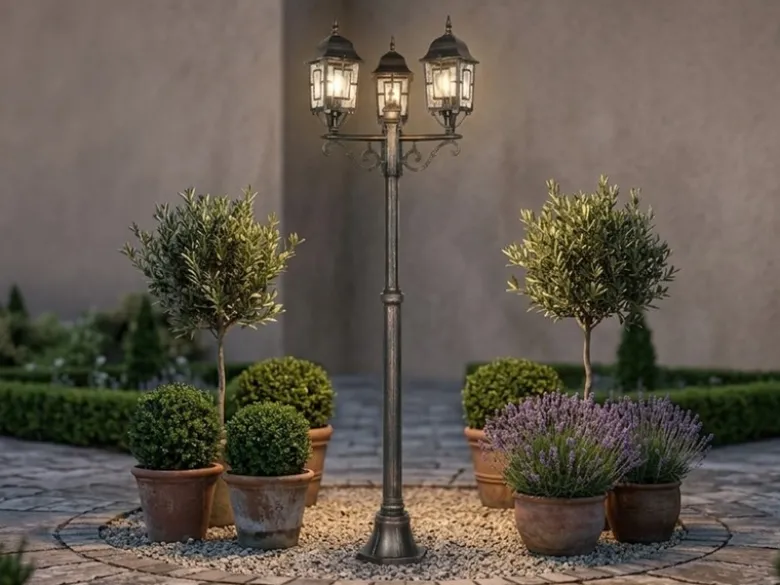 Straßenlaterne 3-flammig Aluminium Rostoptik antik mit E27 LED, Höhe 200cm