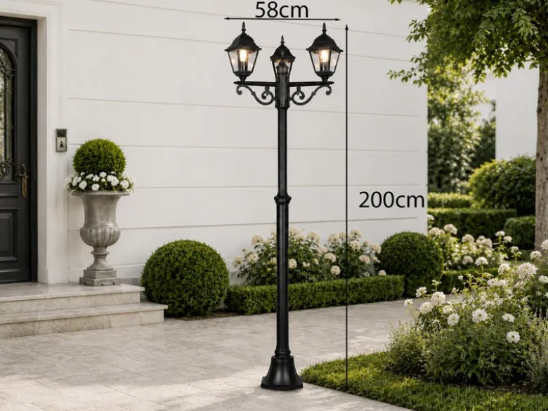 Straßenlaterne 3-flammig aus Aluminium Schwarz mit E27 LED, Höhe 200cm