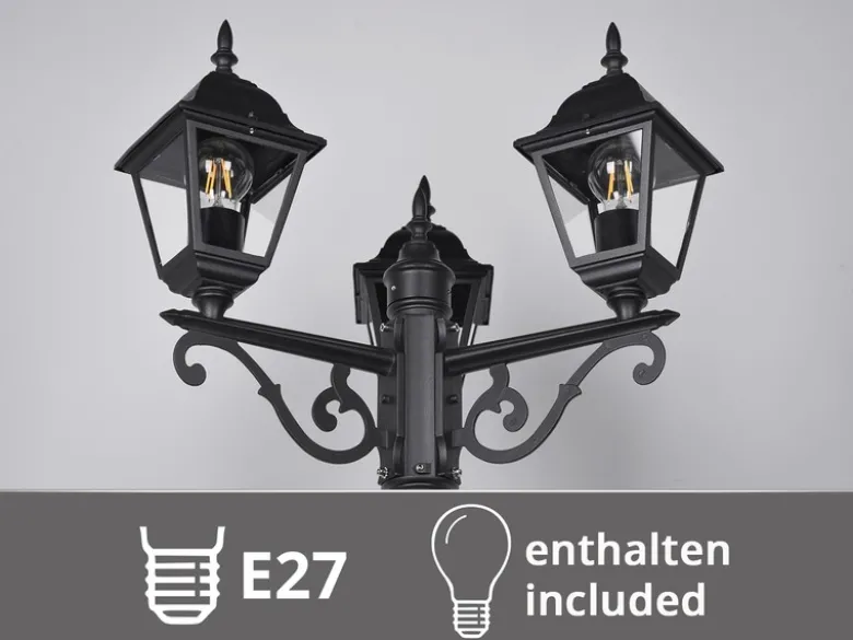 Straßenlaterne 3-flammig aus Aluminium Schwarz mit E27 LED, Höhe 200cm