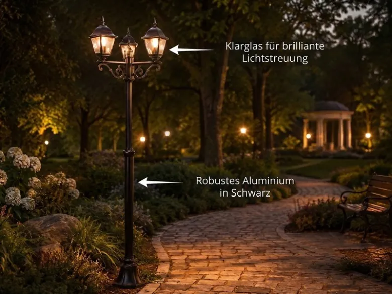 Straßenlaterne LIVENZA 3-flammig aus Aluminium Schwarz, Höhe 200cm
