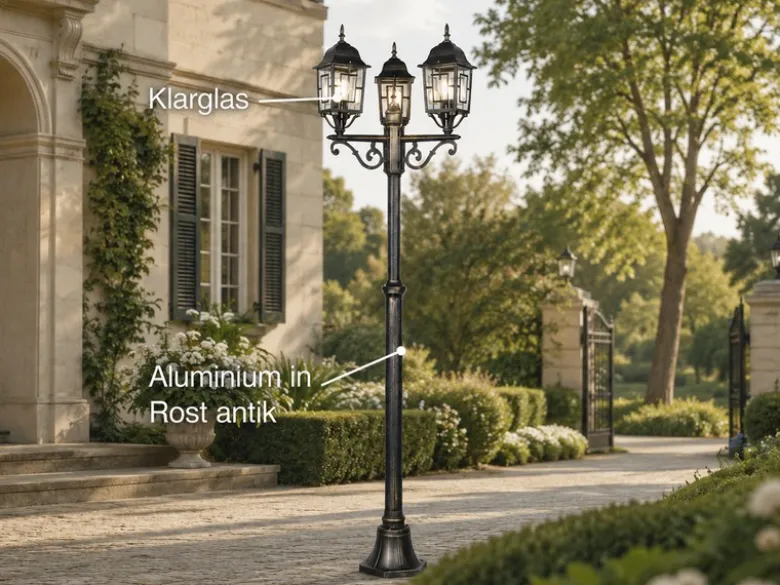 Straßenlaterne VOLTURNO 3-flammig Aluminium Rostoptik antik, E27, Höhe 200cm