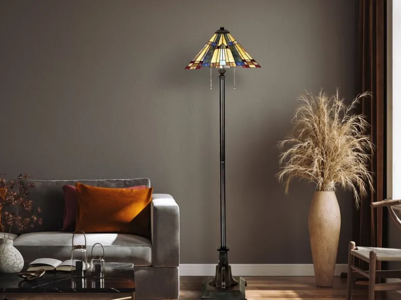 Tiffany Stehlampe Lampenschirm Bunt mit Zugschalter & E27 LED, Höhe 158cm