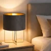 Tischlampe AURA mit Lampenschirm Samt Grau - innen Gold, Höhe 32cm
