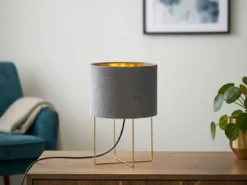 Tischlampe AURA mit Lampenschirm Samt Grau - innen Gold, Höhe 32cm