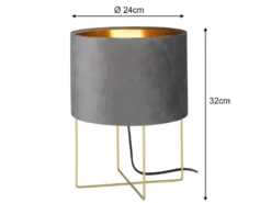 Tischlampe AURA mit Lampenschirm Samt Grau - innen Gold, Höhe 32cm