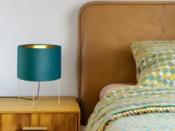Tischlampe AURA mit Lampenschirm Samt Türkis - innen Gold, Höhe 32cm