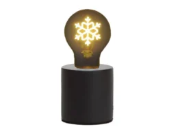 Tischlampe Beton Schwarz mit Deko LED Glühbirne Schneeflocke, Höhe 9cm