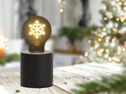 Tischlampe Beton Schwarz mit Deko LED Glühbirne Schneeflocke, Höhe 9cm