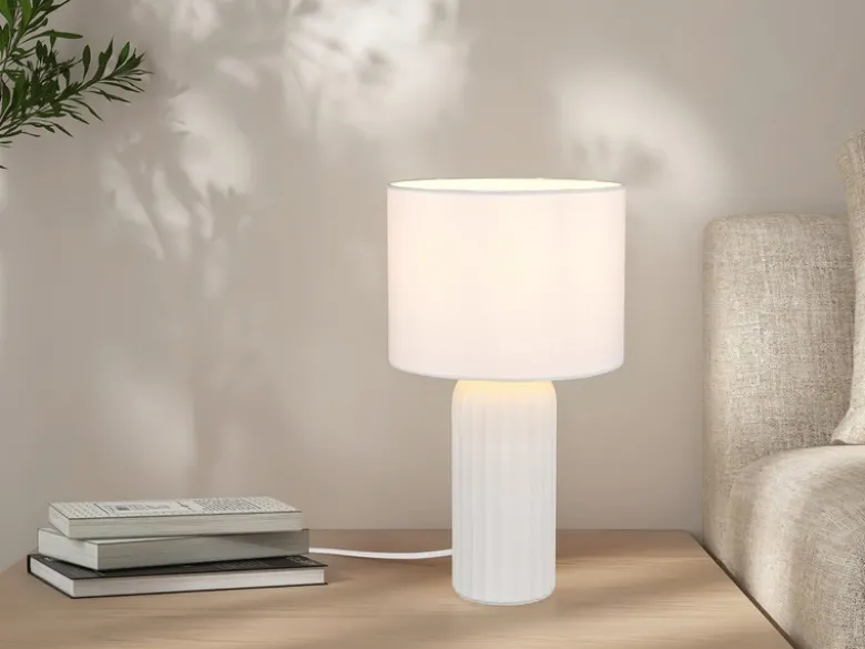 Tischlampe BLAIR mit Keramikfuß & Stoff Lampenschirm Weiß, Höhe 36cm