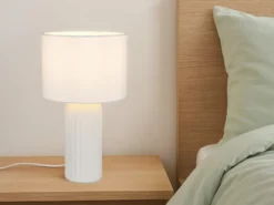 Tischlampe BLAIR mit Keramikfuß & Stoff Lampenschirm Weiß, Höhe 36cm