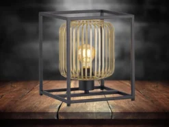 Tischlampe eckig mit Lamellen Lampenschirm Gold, Quadrat 23cm