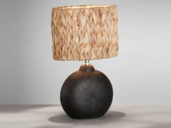 Tischlampe HYAZINTHE Keramikfuß Schwarz mit Seegras Lampenschirm, Höhe 38,5cm