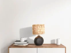 Tischlampe HYAZINTHE Keramikfuß Schwarz mit Seegras Lampenschirm, Höhe 38,5cm