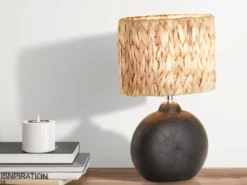 Tischlampe HYAZINTHE Keramikfuß Schwarz mit Seegras Lampenschirm, Höhe 38,5cm