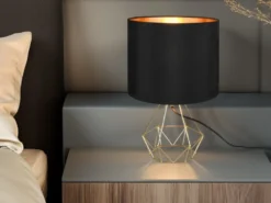 Tischlampe LAUREA mit Gitterkorpus und Stoffschirm Schwarz Gold, Höhe 38cm