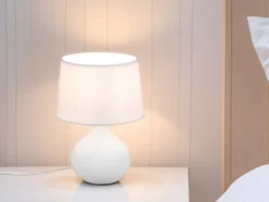 Tischlampe MARTIN mit Keramikfuß Weiß & Stoffschirm Weiß, Höhe 29cm