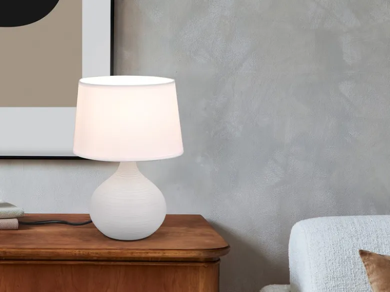 Tischlampe MARTIN mit Keramikfuß Beige & Stoffschirm Weiß, Höhe 29cm