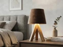 Tischlampe mit Holz Dreibein & E14 Samtschirm Braun Gold, Höhe 27cm