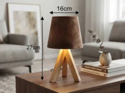 Tischlampe mit Holz Dreibein & E14 Samtschirm Braun Gold, Höhe 27cm