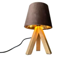 Tischlampe mit Holz Dreibein & E14 Samtschirm Braun Gold, Höhe 27cm