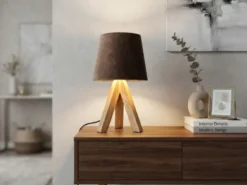 Tischlampe mit Holz Dreibein & E14 Samtschirm Braun Gold, Höhe 27cm