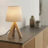 Tischlampe mit Holz Dreibein & E14 Leinen Stoffschirm Beige, Höhe 27cm