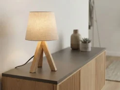 Tischlampe mit Holz Dreibein & E14 Leinen Stoffschirm Beige, Höhe 27cm