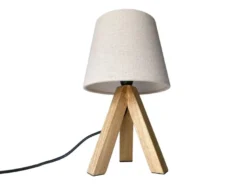 Tischlampe mit Holz Dreibein & E14 Leinen Stoffschirm Beige, Höhe 27cm