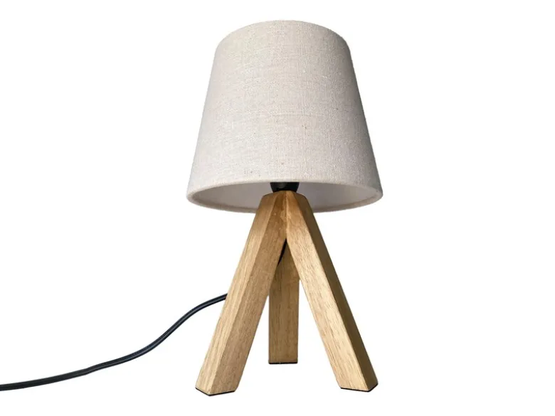 Tischlampe mit Holz Dreibein & E14 Leinen Stoffschirm Beige, Höhe 27cm