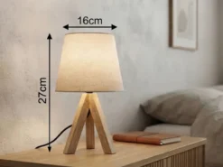 Tischlampe mit Holz Dreibein & E14 Leinen Stoffschirm Beige, Höhe 27cm