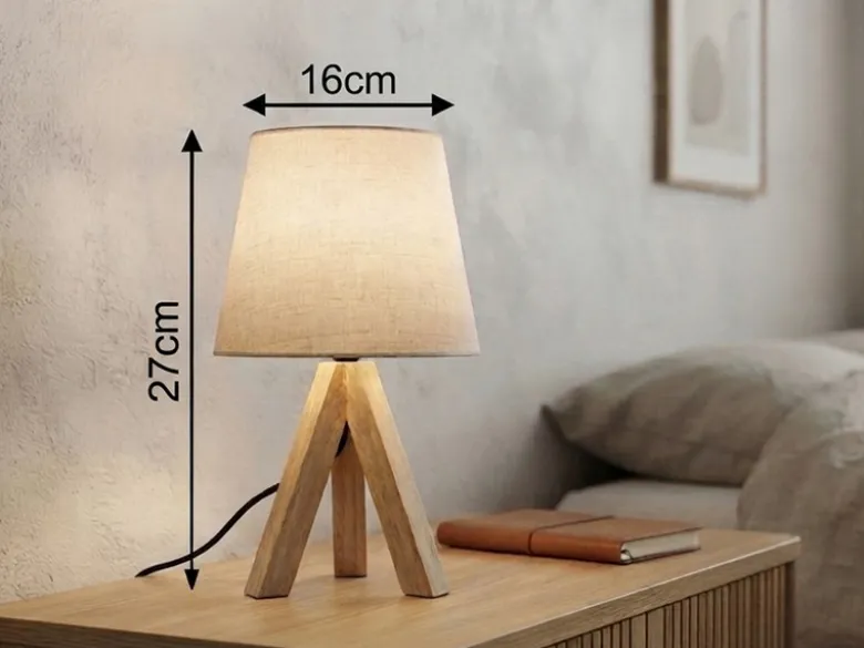 Tischlampe mit Holz Dreibein & E14 Leinen Stoffschirm Beige, Höhe 27cm