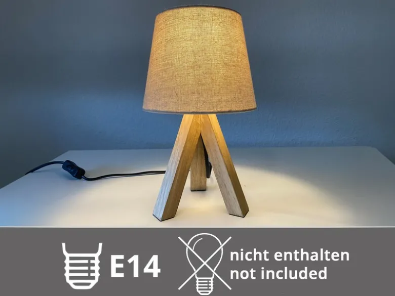 Tischlampe mit Holz Dreibein & E14 Leinen Stoffschirm Beige, Höhe 27cm