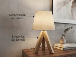 Tischlampe mit Holz Dreibein & E14 Leinen Stoffschirm Beige, Höhe 27cm