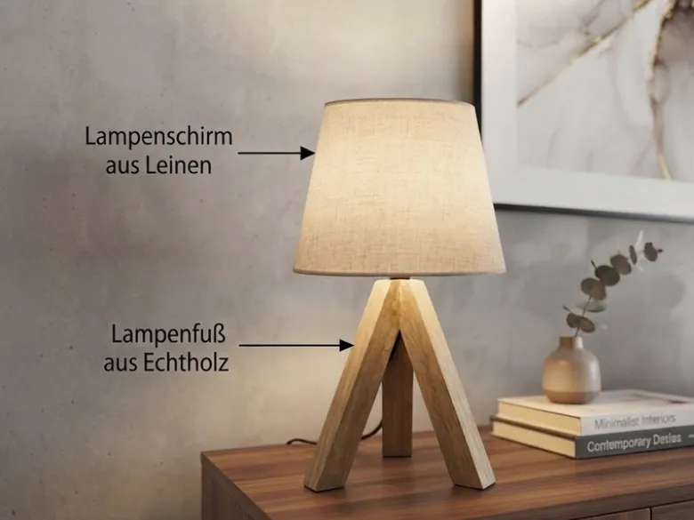 Tischlampe mit Holz Dreibein & E14 Leinen Stoffschirm Beige, Höhe 27cm