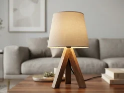 Tischlampe mit Holz Dreibein & E14 Leinen Stoffschirm Beige, Höhe 27cm
